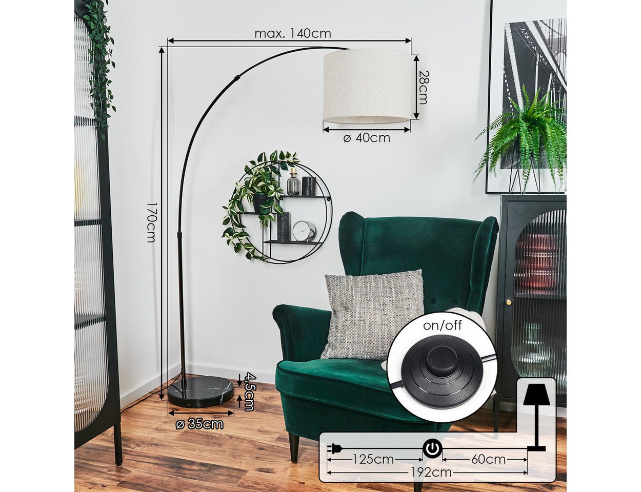 hofstein Bogenlampe Stehlampe mit Marmorfuß aus Metall/Stoff in Schwarz/Chrom/Beige/Weiß, verstellbare Stehleuchte im modernen Design, Ø 40 cm, Fußschalter, E27