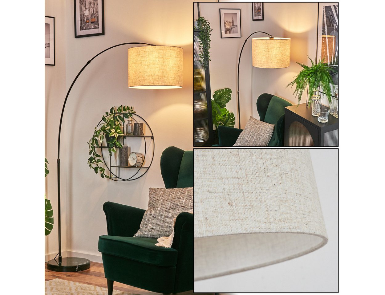 hofstein Bogenlampe Stehlampe mit Marmorfuß aus Metall/Stoff in Schwarz/Chrom/Beige/Weiß, verstellbare Stehleuchte im modernen Design, Ø 40 cm, Fußschalter, E27 Bild 2