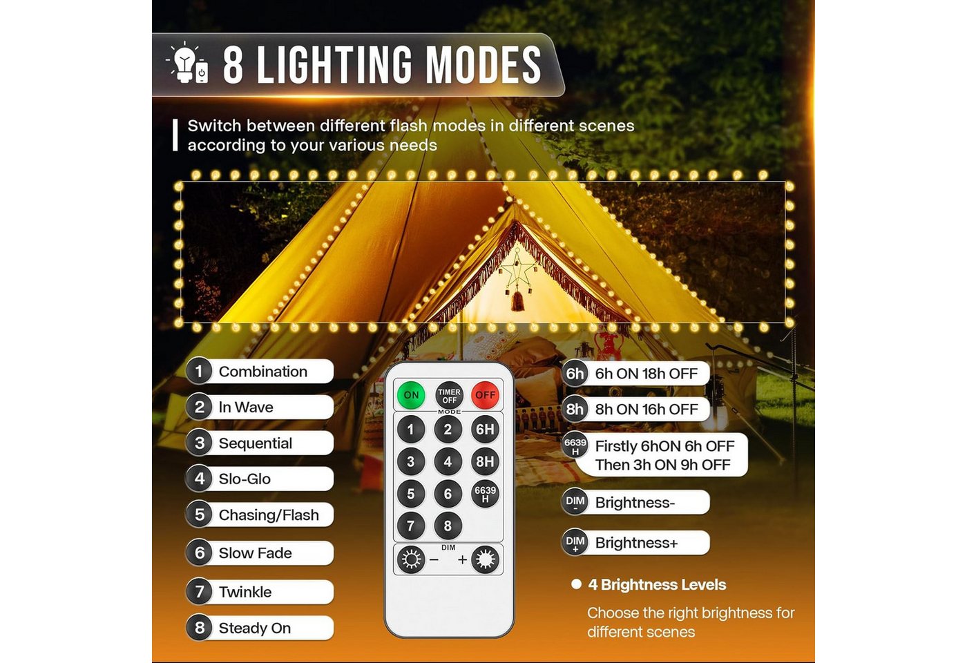 kowdom Lichterkette LED Lichterkette 15m Kugel 8 Modi dimmbar für Innen & Außen IP44, 15m, 100 LEDs, warmweiß, dimmbar, Timer, IP44