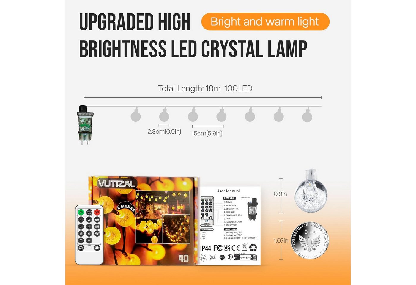 kowdom Lichterkette LED Lichterkette 15m Kugel 8 Modi dimmbar für Innen & Außen IP44, 15m, 100 LEDs, warmweiß, dimmbar, Timer, IP44 Bild 3