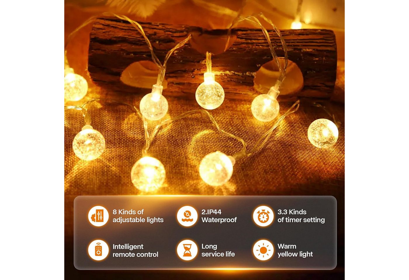 kowdom Lichterkette LED Lichterkette 15m Kugel 8 Modi dimmbar für Innen & Außen IP44, 15m, 100 LEDs, warmweiß, dimmbar, Timer, IP44 Bild 4