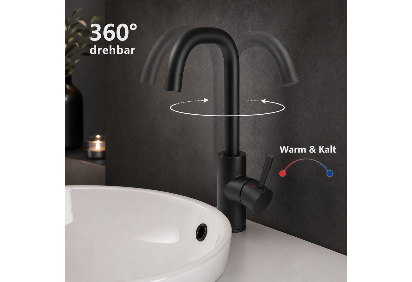 Ledklang Waschtischarmatur Kaltwasserhahn Hochdruck Mischbatterie Schwarz/Silber (Mischbatterie) Edelstahl-Optik 360° schwenkbar für Spüle & Waschbecken Bild 2