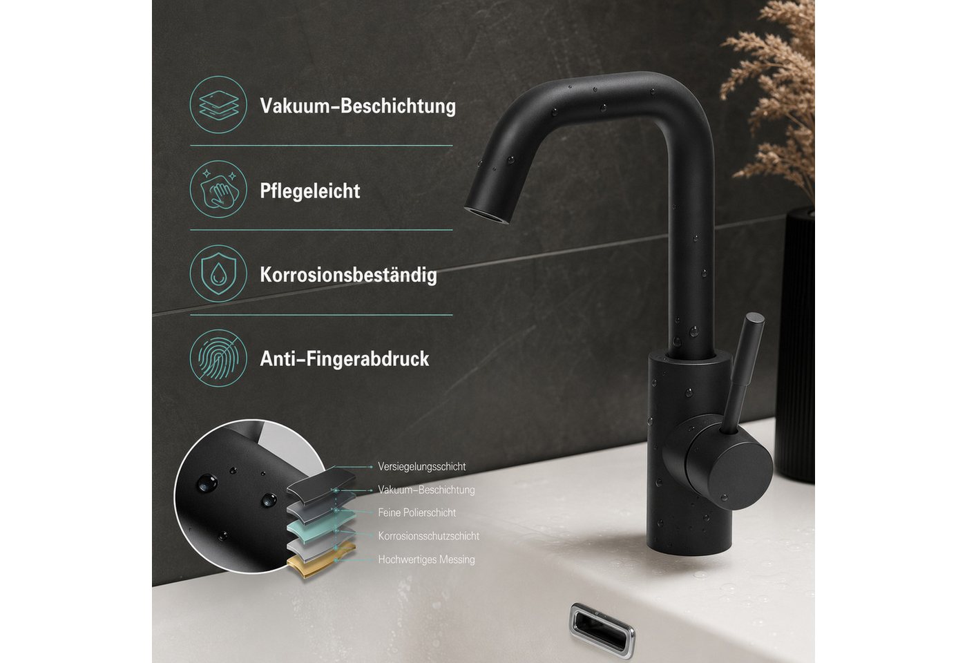 Ledklang Waschtischarmatur Kaltwasserhahn Hochdruck Mischbatterie Schwarz/Silber (Mischbatterie) Edelstahl-Optik 360° schwenkbar für Spüle & Waschbecken Bild 4
