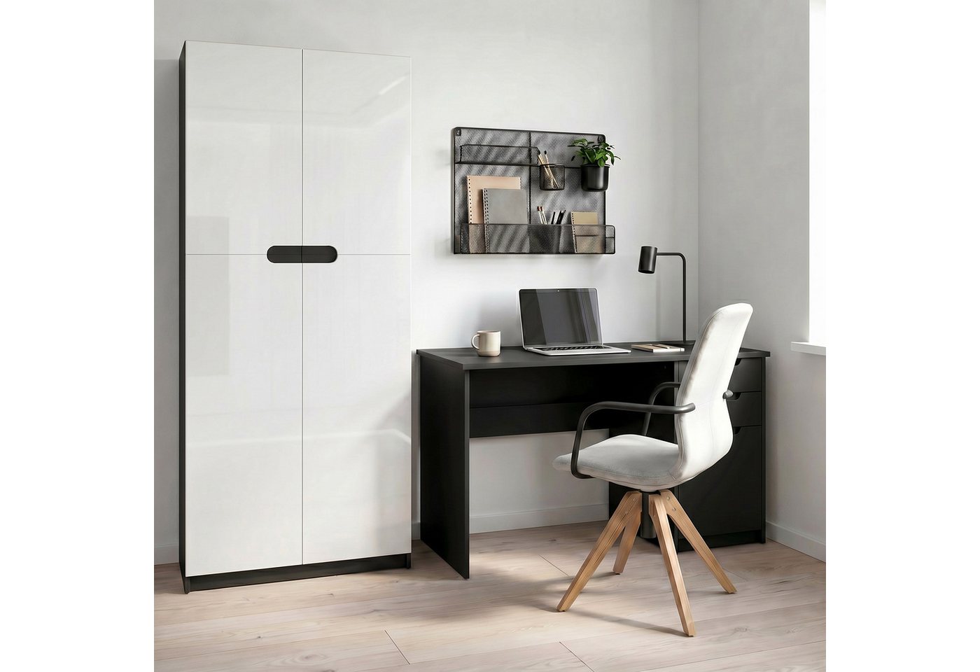 Vladon Aktenschrank Logan (Aktenschrank, mit 5 Fächern und 4 Türen) Schwarz matt/Weiß Hochglanz (82 x 184 x 37 cm) Bild 4
