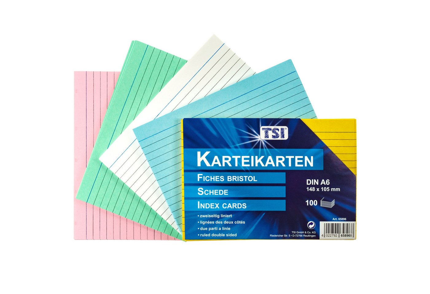 TSI Schreibwaren Karteikarten Karteikarten A6 liniert 100er Pg. farbig sortiert