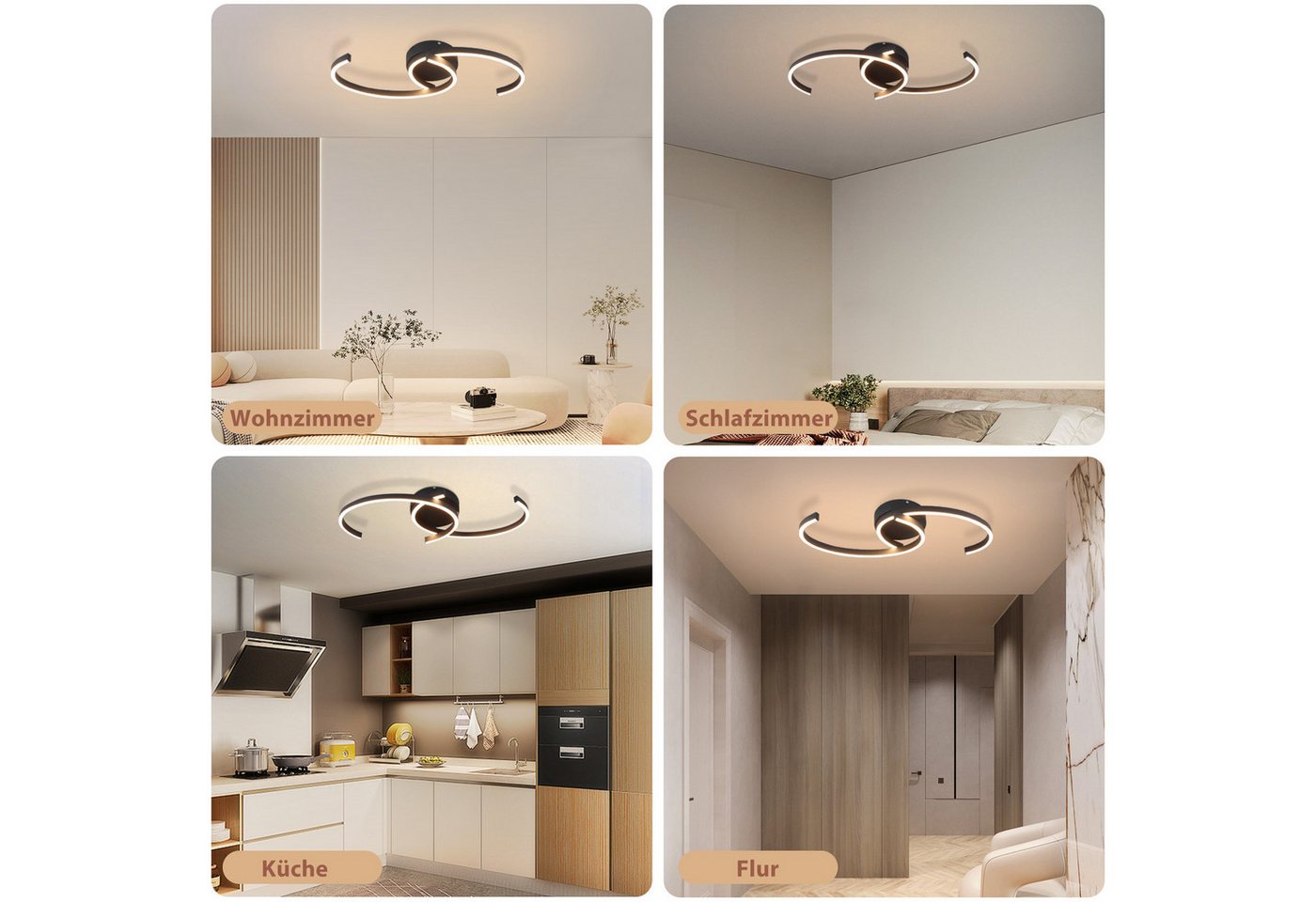 ZMH LED Deckenleuchte Wohnzimmer 24W Deckenlampe Modern 3000K für Flur Küche, LED fest integriert, Warmweiß, Küchenlampe 330° Drehbarer Schwarz Esszimmer