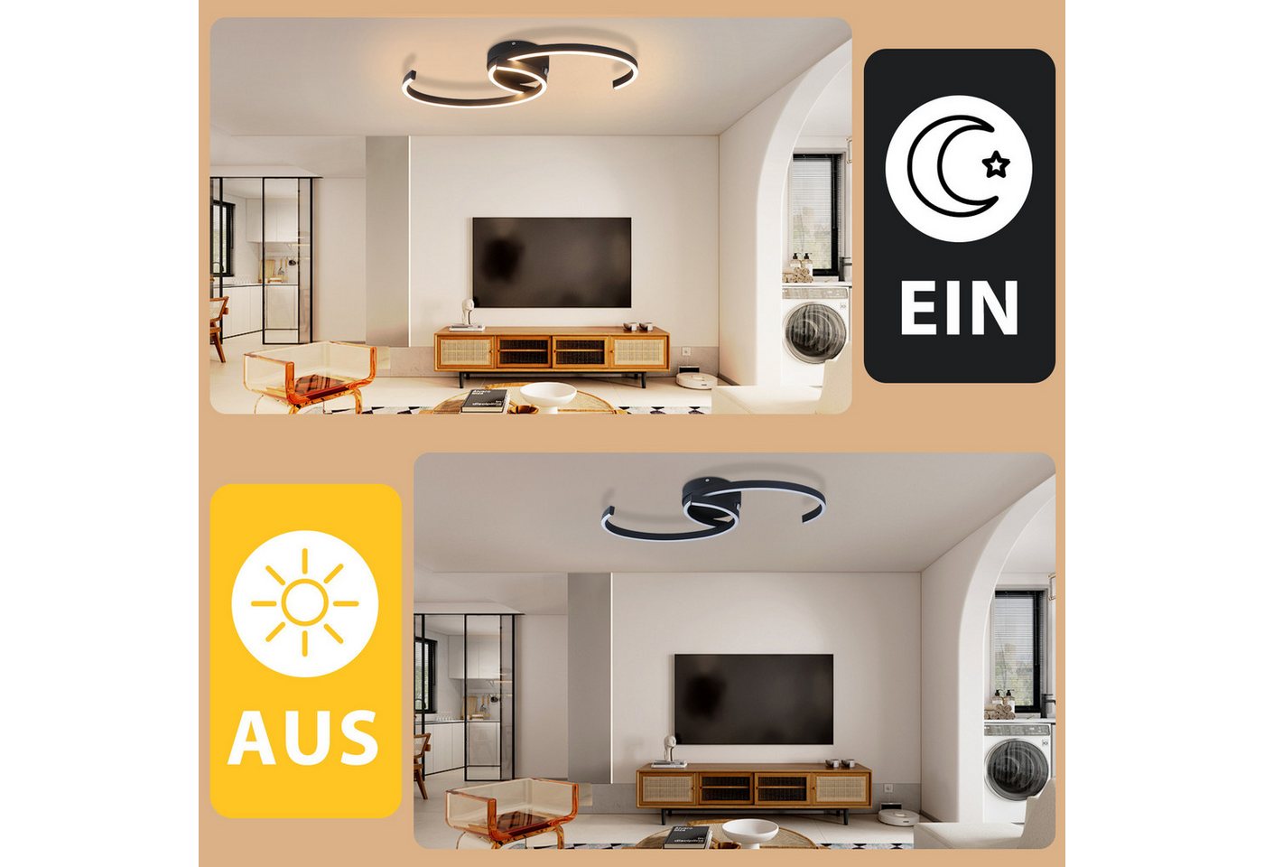 ZMH LED Deckenleuchte Wohnzimmer 24W Deckenlampe Modern 3000K für Flur Küche, LED fest integriert, Warmweiß, Küchenlampe 330° Drehbarer Schwarz Esszimmer Bild 2