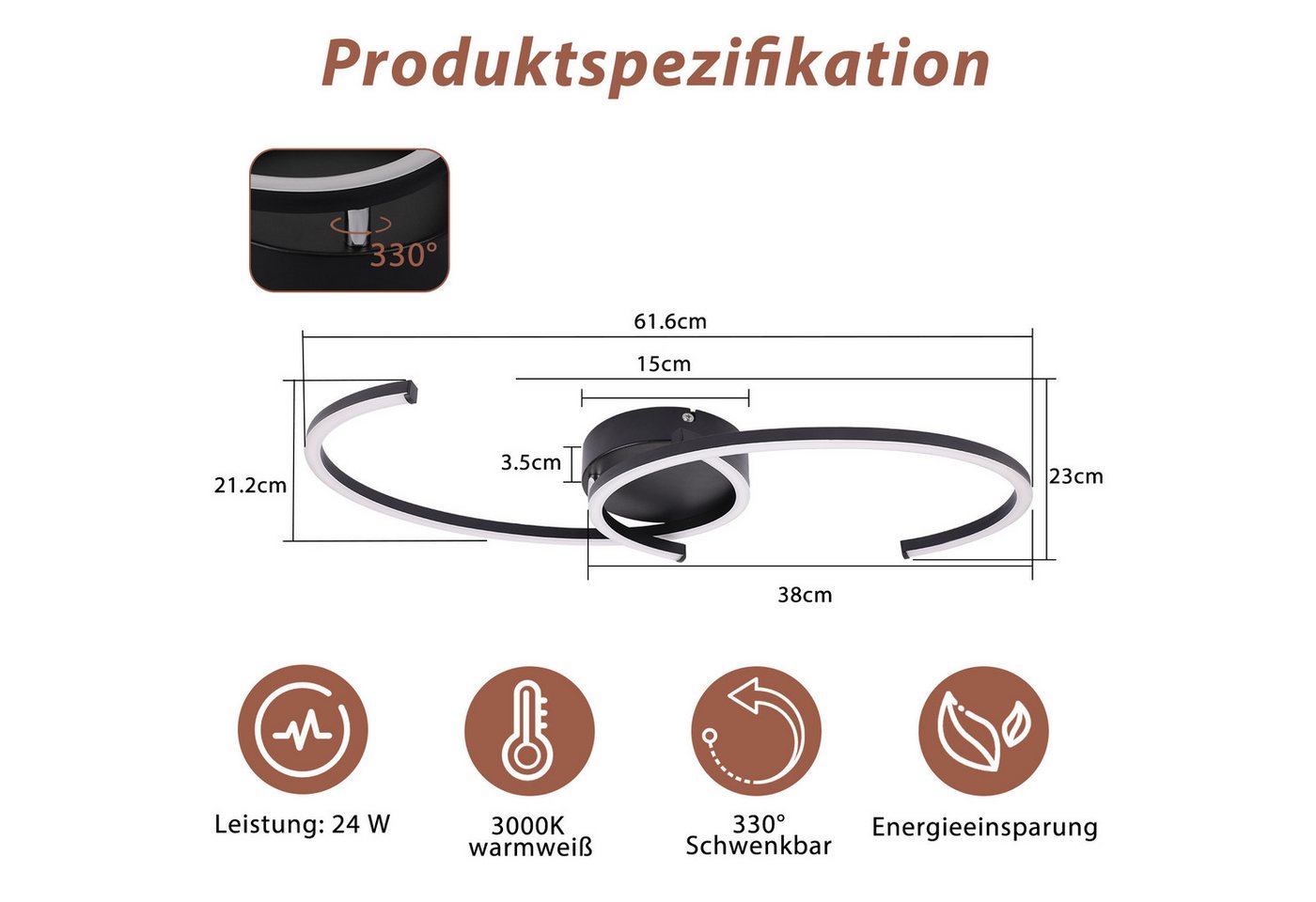 ZMH LED Deckenleuchte Wohnzimmer 24W Deckenlampe Modern 3000K für Flur Küche, LED fest integriert, Warmweiß, Küchenlampe 330° Drehbarer Schwarz Esszimmer Bild 3