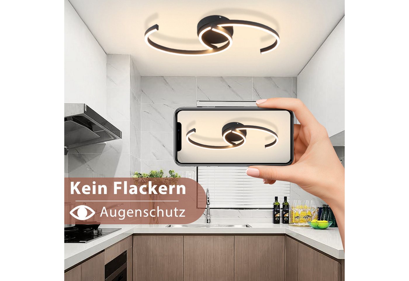 ZMH LED Deckenleuchte Wohnzimmer 24W Deckenlampe Modern 3000K für Flur Küche, LED fest integriert, Warmweiß, Küchenlampe 330° Drehbarer Schwarz Esszimmer Bild 4