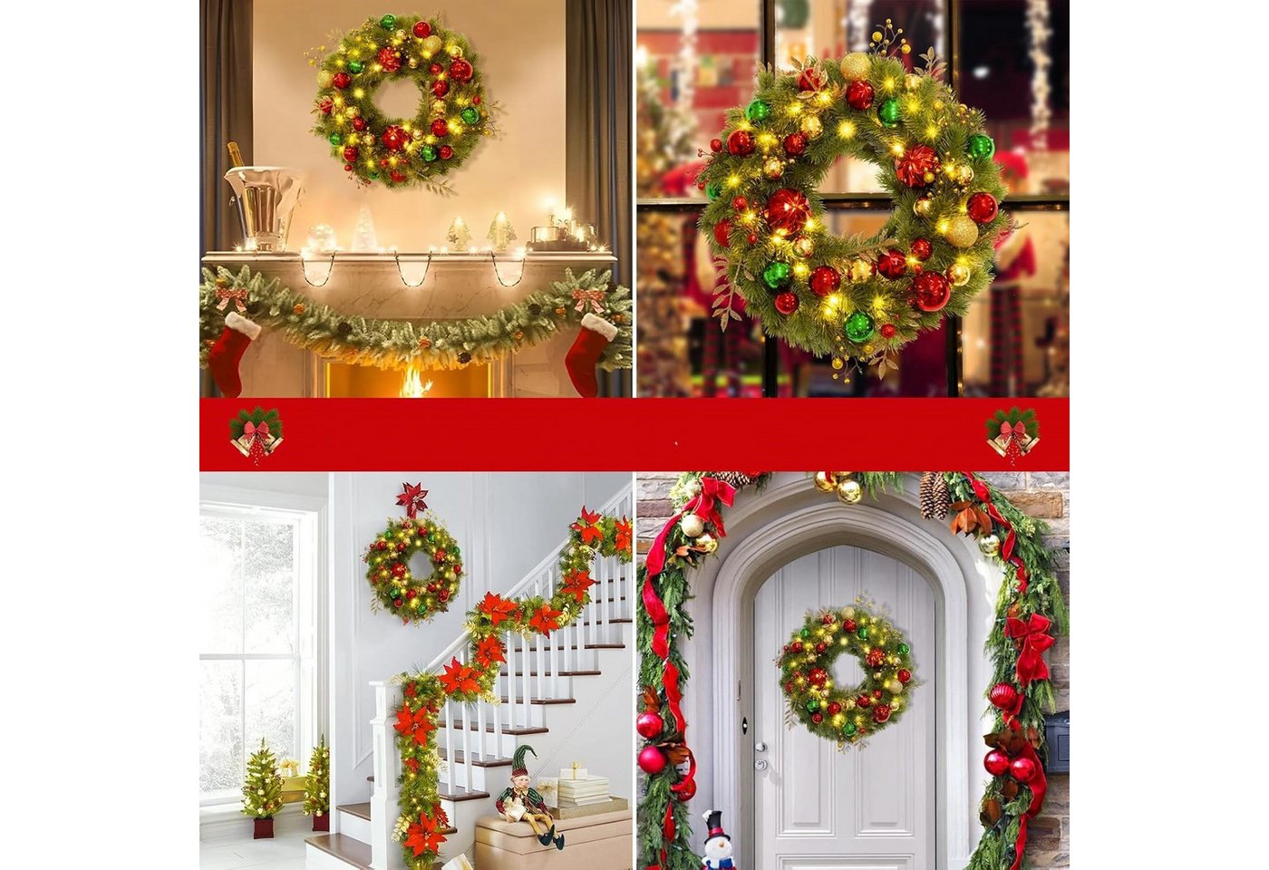 Coonoor Dekokranz LED Weihnachtskränze Künstlicher Weihnachtskranz Adventskranz für Tür, für Weihnachten Türen Bäumen Wänden Fenstern