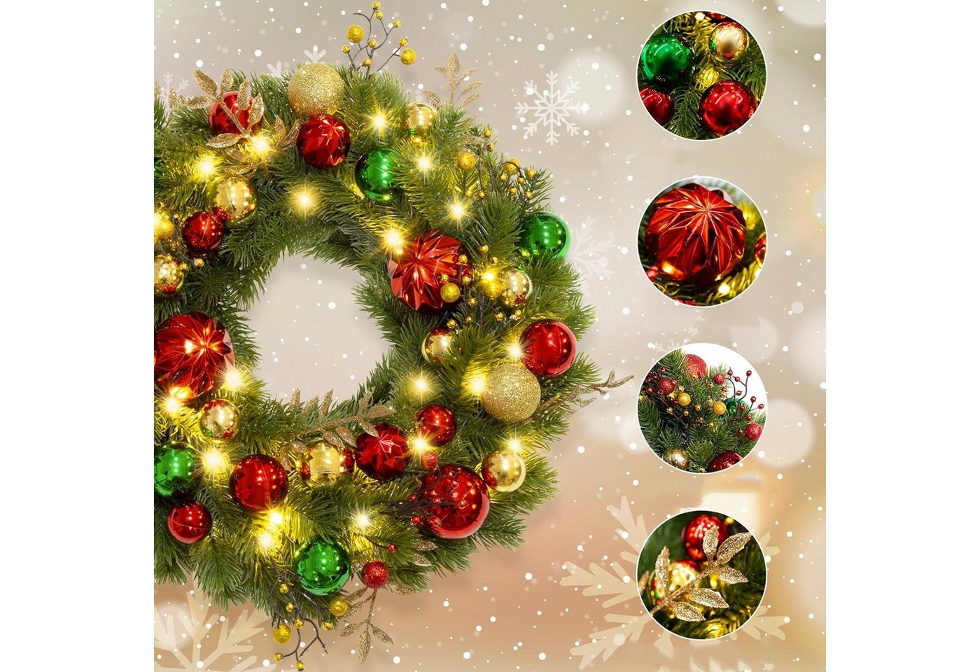 Coonoor Dekokranz LED Weihnachtskränze Künstlicher Weihnachtskranz Adventskranz für Tür, für Weihnachten Türen Bäumen Wänden Fenstern Bild 5