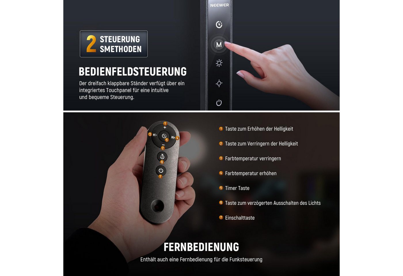 Neewer Ringlicht R18 Ringlicht 7", 18W, Dimmbar, mit Touchpanel und Fernbedienung, mit Gelenkarm und C Klemme, für Streaming Videokonferen Telefon Zoom Bild 3