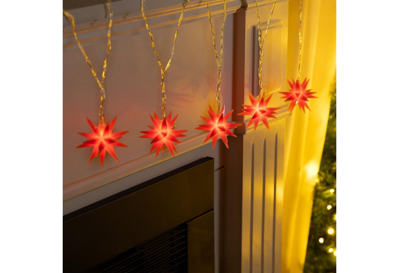 Gravidus LED-Lichterkette LED Lichterkette Sterne rot 5 warm weiße LEDs 6 cm Ø Timer