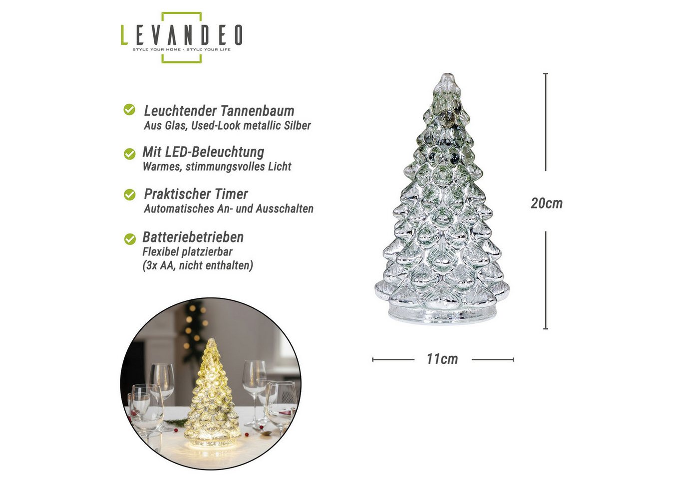 Levandeo® LED Dekoobjekt, LED Weihnachtsbaum Silber H20cm Glas Weihnachtsdeko Beleuchtung Bild 4