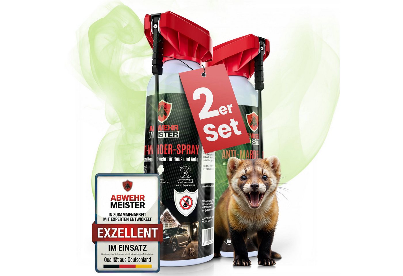 ABWEHR MEISTER Marderspray [400 ml] zur Abwehr von Mardern für Haus, Garage & Auto, 2-St., Präzise Anwendung, dank integrierter Sprühlanze
