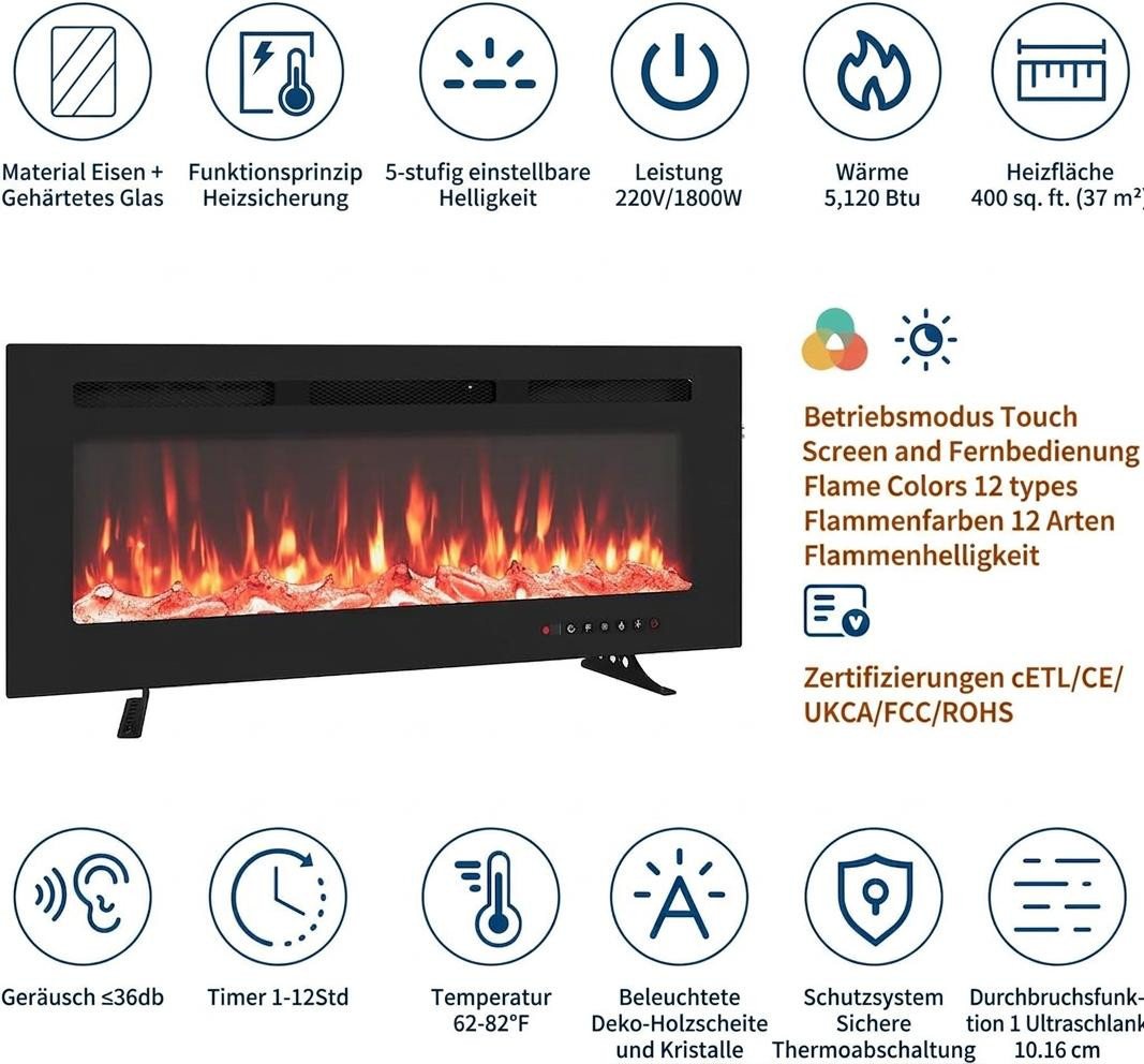 GarveeMore Elektrokamin 102cm Ultraflacher Wandkamin 1800W 12 Farben Fernbedienung Timer, ultraflach, wandmontiert, einbaubar, 1800W, 12 Farben, Timer, ETL