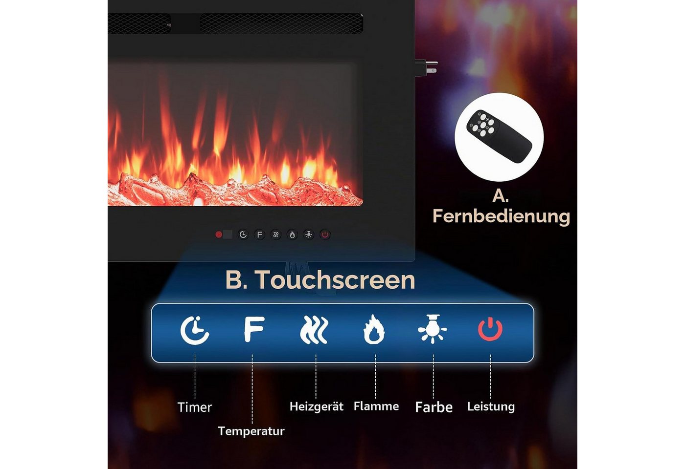 GarveeMore Elektrokamin 102cm Ultraflacher Wandkamin 1800W 12 Farben Fernbedienung Timer, ultraflach, wandmontiert, einbaubar, 1800W, 12 Farben, Timer, ETL Bild 2