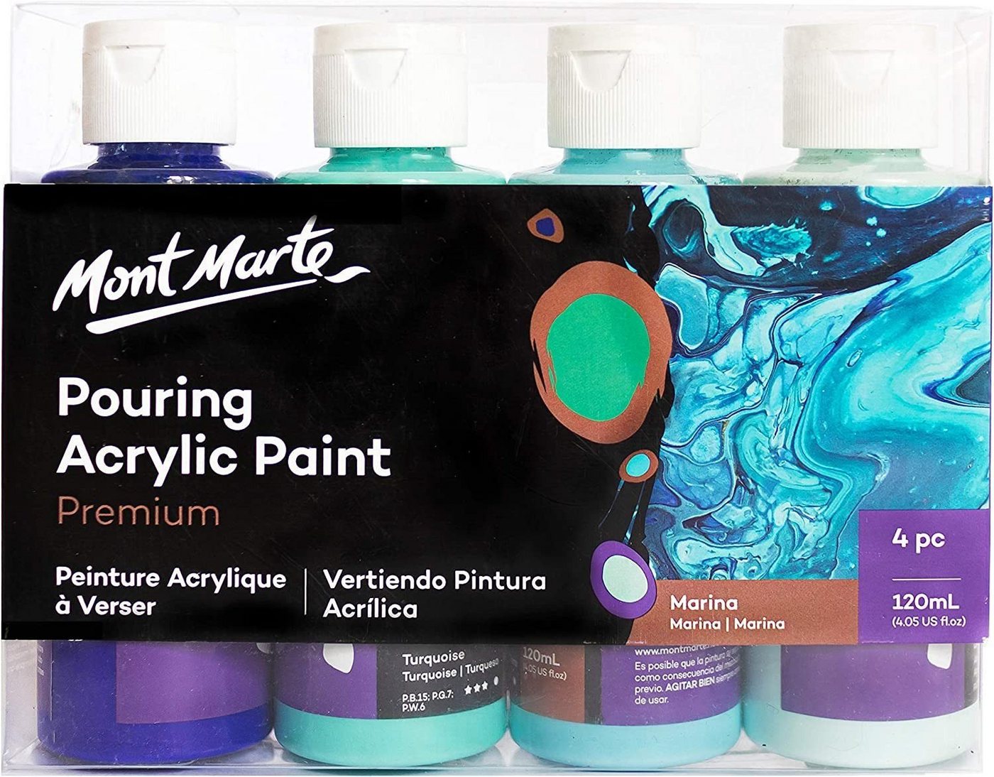 Mont Marte Bastelfarbe PREMIUM Pouring Acrylfarbe, Gieß-Acryl, je 4 x 120 ml, diverse Sets, Untereinander vermischbar & bereits mit Pouring Medium vorgemischt Bild 5