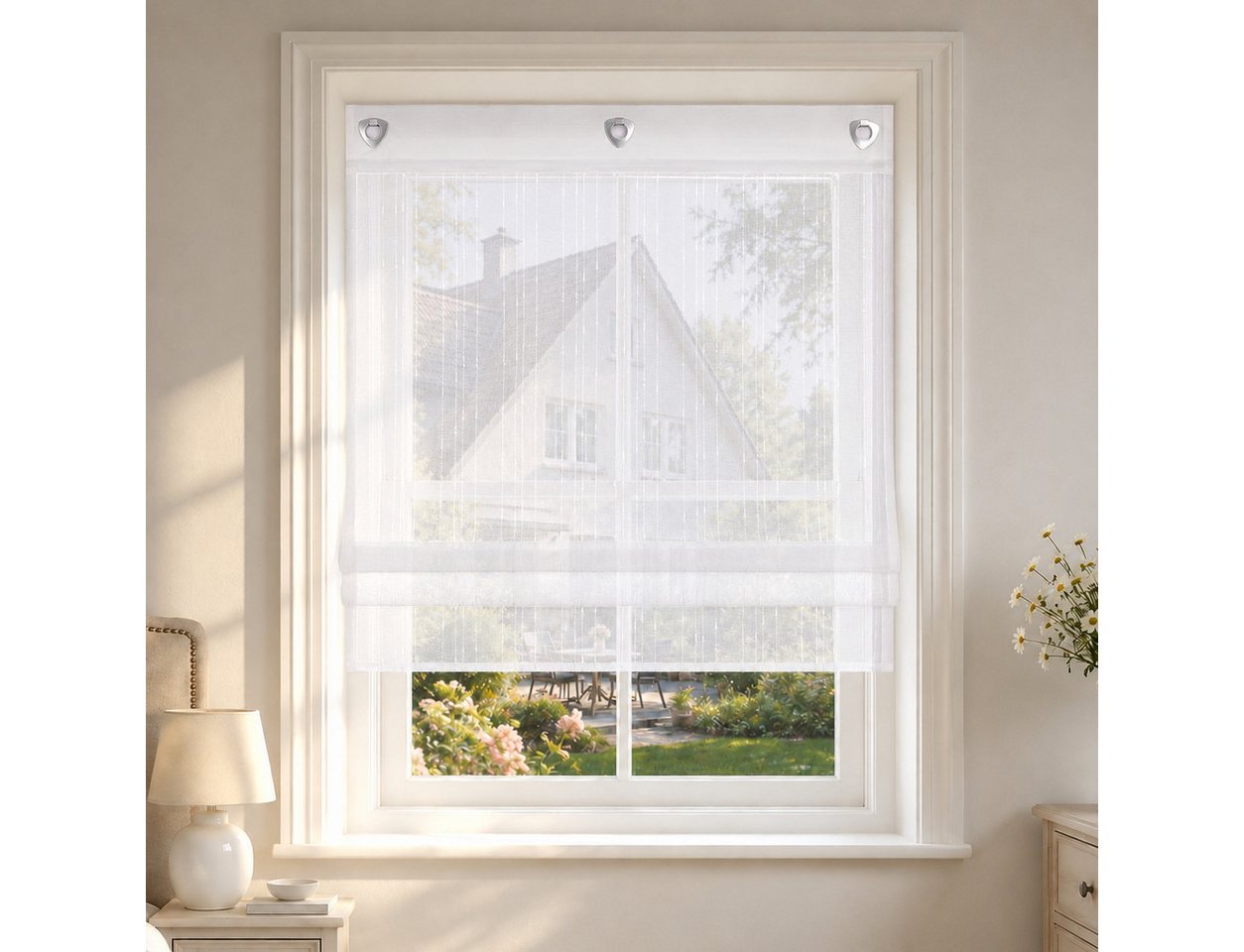 Delien Raffrollo Regen Voile mit Längsstreifen im klassischen Stil, mit Hakenaufhängung, ohneBohren, Am Fensterrahmen einhängen und mit Zugschnüren höhenverstellbar, Leinenoptik, halbtransparent für Küche und Wohnzimmer Bild 3
