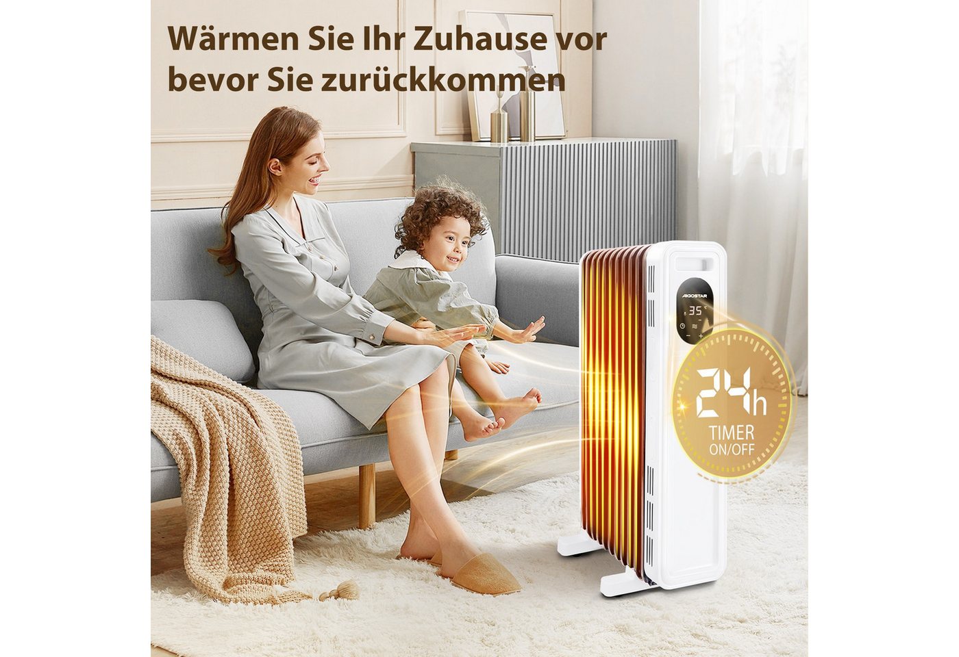 Aigostar Ölradiator Energiesparend Heizung Elektrisch mit Thermostat & Fernbedienung, 2300 W, ECO Modi, 3 Modi, 24H Timer, Kipp & Überhitzungsschutz