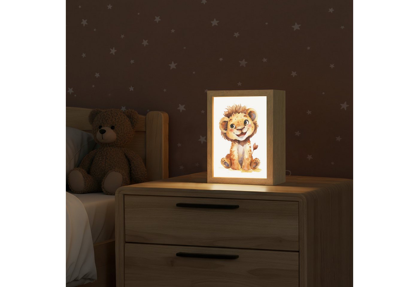 OnlyWow Nachttischlampe Lightbox Löwe - Tierbaby - Jungen, Dimmbar, Farbwechsel, LED, Warmweiß, Kaltweiß, Neutralweiß Einstellbar, Kinderzimmer, Babyzimmer, Dimmbar, mit Kabel, Nachtlampe, LED