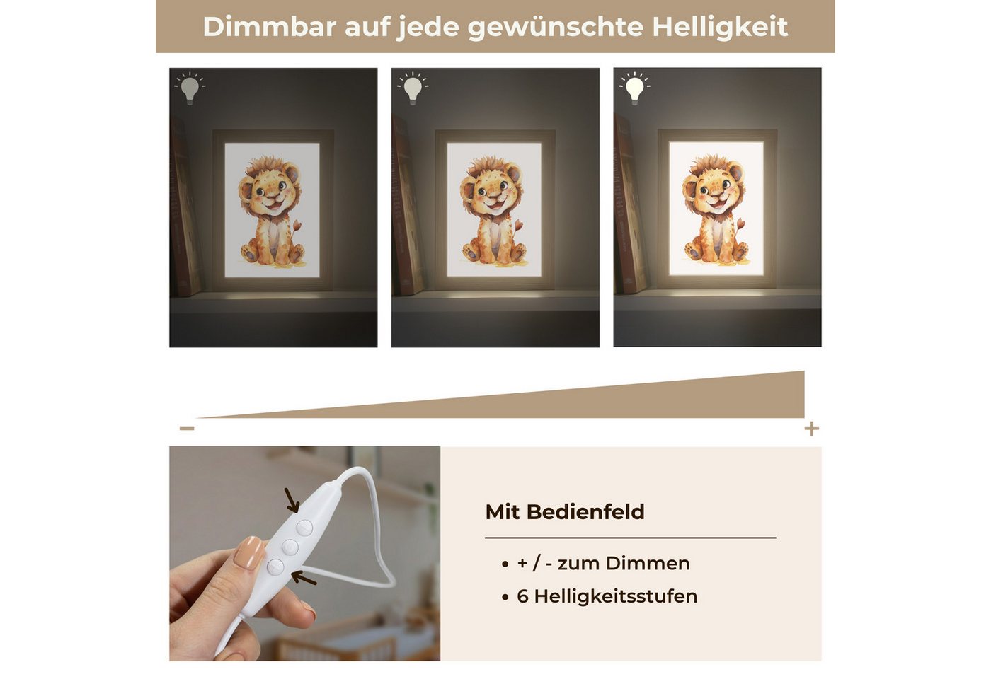 OnlyWow Nachttischlampe Lightbox Löwe - Tierbaby - Jungen, Dimmbar, Farbwechsel, LED, Warmweiß, Kaltweiß, Neutralweiß Einstellbar, Kinderzimmer, Babyzimmer, Dimmbar, mit Kabel, Nachtlampe, LED Bild 2