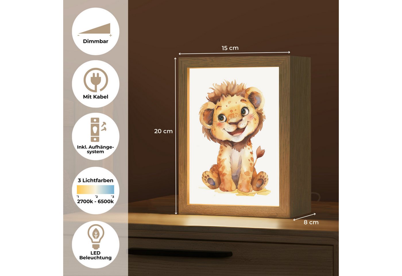 OnlyWow Nachttischlampe Lightbox Löwe - Tierbaby - Jungen, Dimmbar, Farbwechsel, LED, Warmweiß, Kaltweiß, Neutralweiß Einstellbar, Kinderzimmer, Babyzimmer, Dimmbar, mit Kabel, Nachtlampe, LED Bild 5