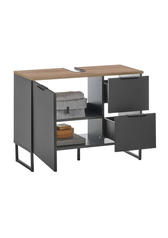 BEGA BBK Badezimmer-Set (2-tlg) in schwarz / Evoke Eiche Dekor - 80x195x35 (BxHxT), (2-tlg., bestehend aus: Waschbeckenunterschrank,Spiegelschrank)