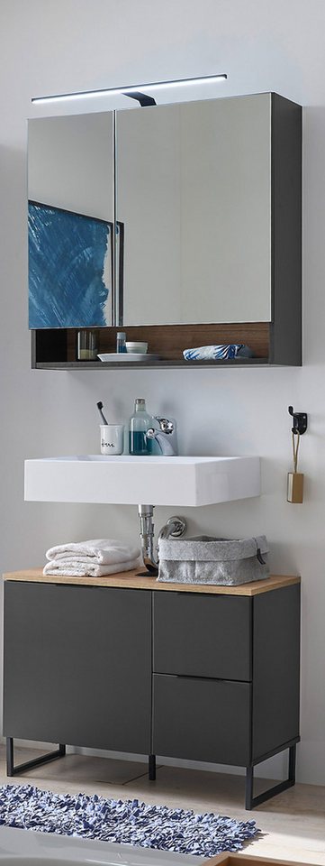 BEGA BBK Badezimmer-Set (2-tlg) in schwarz / Evoke Eiche Dekor - 80x195x35 (BxHxT), (2-tlg., bestehend aus: Waschbeckenunterschrank,Spiegelschrank) Bild 2