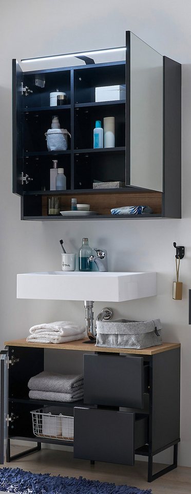BEGA BBK Badezimmer-Set (2-tlg) in schwarz / Evoke Eiche Dekor - 80x195x35 (BxHxT), (2-tlg., bestehend aus: Waschbeckenunterschrank,Spiegelschrank) Bild 3