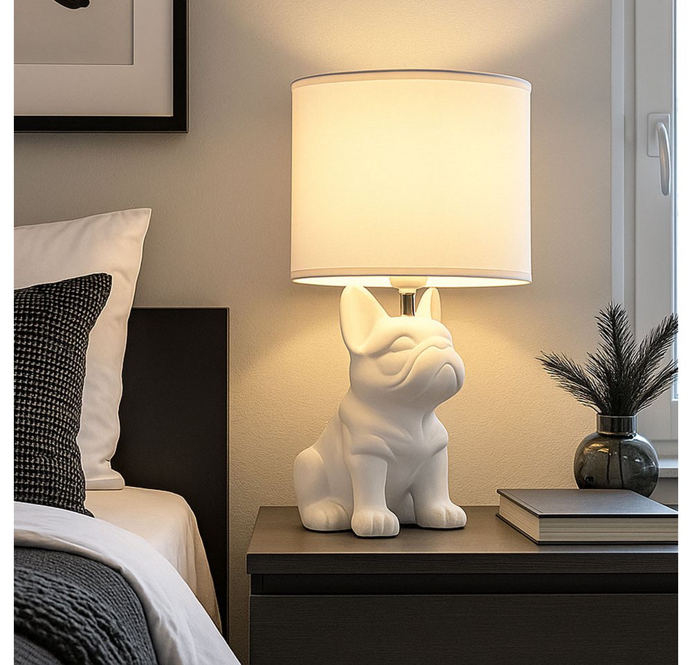 GLOBO LIGHTING LED Tischleuchte, Leuchtmittel inklusive, Warmweiß, Tischlampe Tischleuchte LED Keramik Hund Textil Leselampe weiß H 40 cm