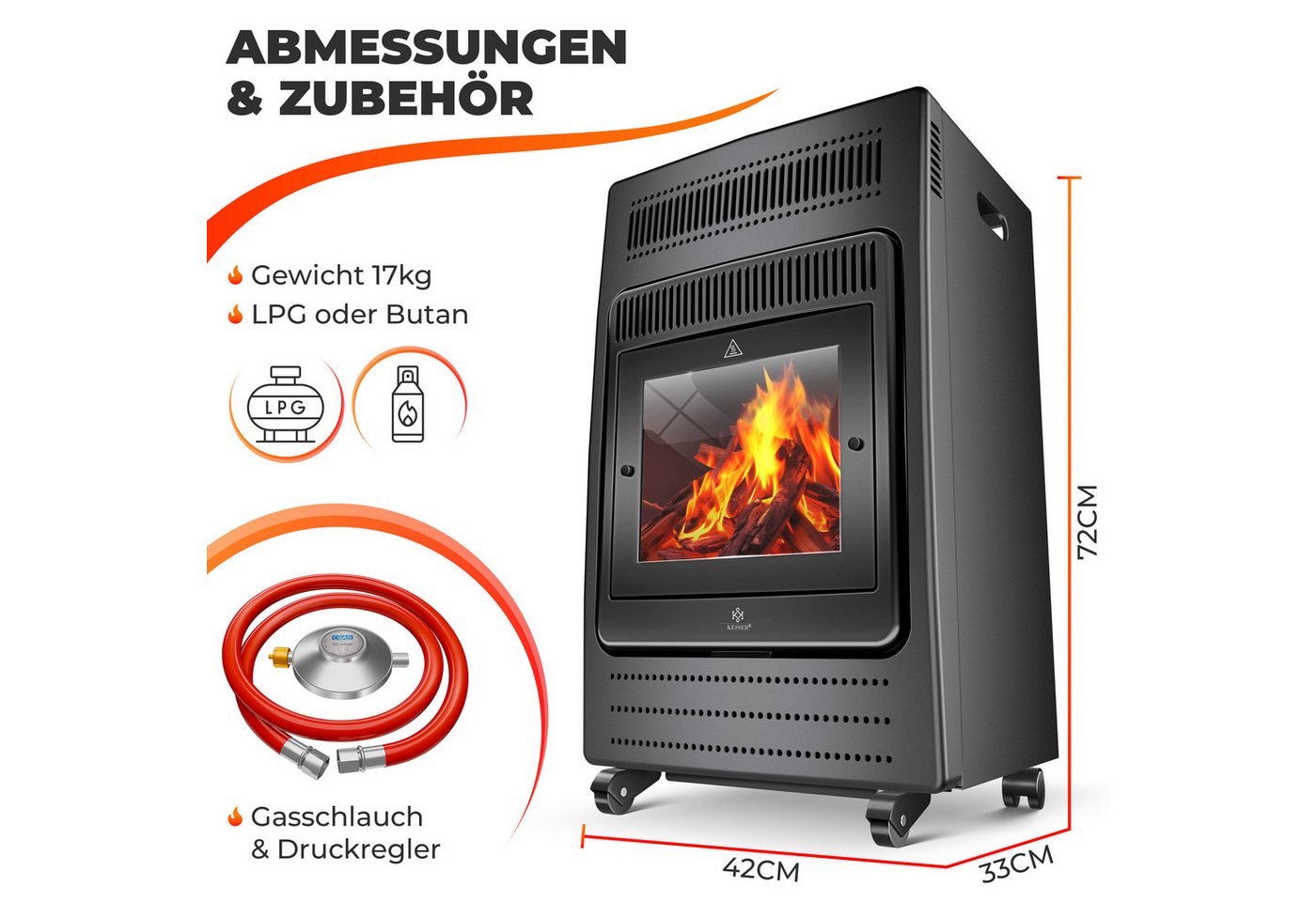 KESSER Terrassenstrahler Gasheizer Gasheizofen Heizstrahler inkl. Gasdruckregler & Gasschlauch, 3400 W, Gasheizung kompatibel mit Butan- oder Propangasflaschen bis 11kg