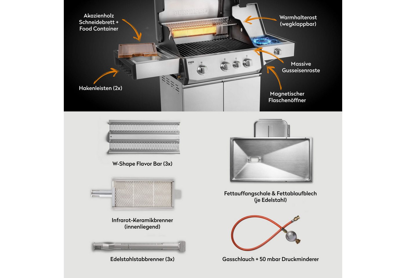 BURNHARD® Gasgrill 3-Brenner, 2x Edelstahl-Stabbrenner, 3,75 kW, Infrarot-Keramikbrenner, Infrarot-Keramikheckbrenner 3,2 kW, Seitenkochfeld, Gussrost, Piezo-Zündung – FRED Deluxe Bild 3