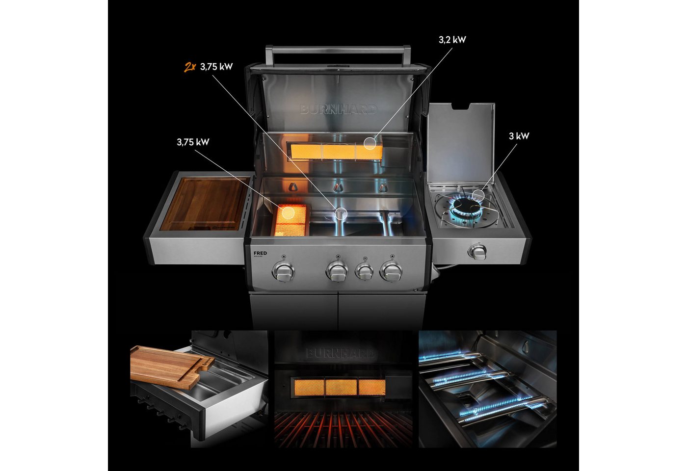 BURNHARD® Gasgrill 3-Brenner, 2x Edelstahl-Stabbrenner, 3,75 kW, Infrarot-Keramikbrenner, Infrarot-Keramikheckbrenner 3,2 kW, Seitenkochfeld, Gussrost, Piezo-Zündung – FRED Deluxe Bild 4
