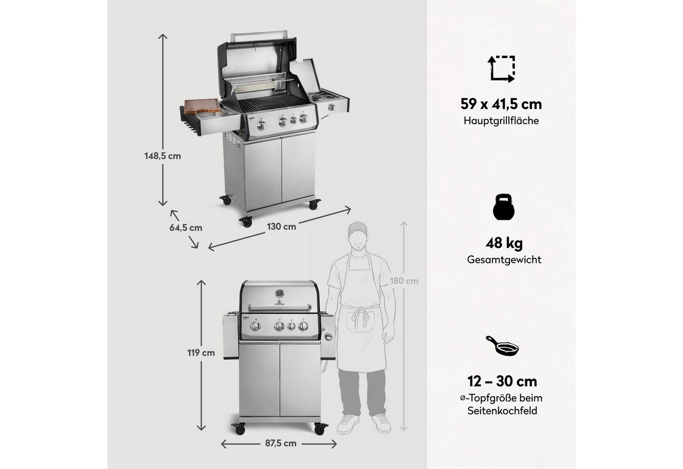 BURNHARD® Gasgrill 3-Brenner, 2x Edelstahl-Stabbrenner, 3,75 kW, Infrarot-Keramikbrenner, Infrarot-Keramikheckbrenner 3,2 kW, Seitenkochfeld, Gussrost, Piezo-Zündung – FRED Deluxe Bild 5