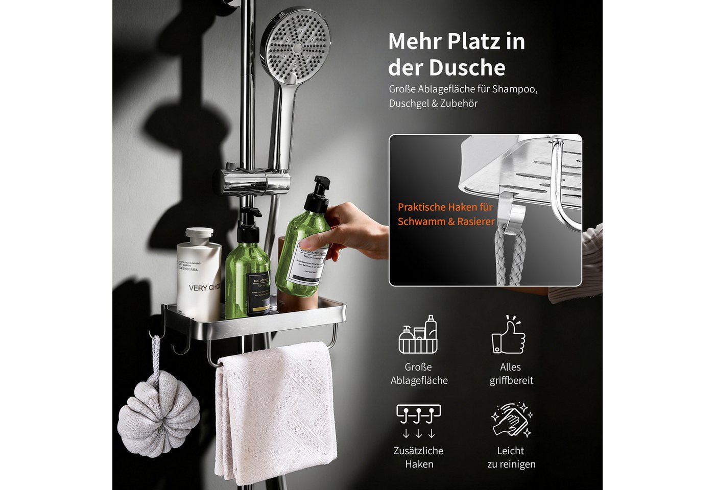 HOMELODY Duschsystem Regendusche 30 cm mit Ablage Handbrause 5 Funktionen Chrom, Duschset Edelstahl Umsteller höhenverstellbar PVC Schlauch ohne Bohren