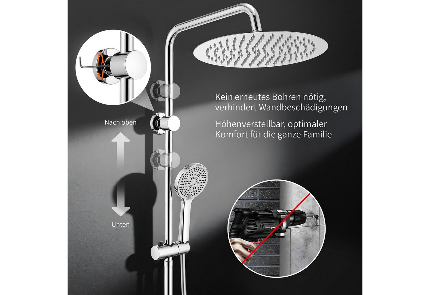 HOMELODY Duschsystem Regendusche 30 cm mit Ablage Handbrause 5 Funktionen Chrom, Duschset Edelstahl Umsteller höhenverstellbar PVC Schlauch ohne Bohren Bild 2