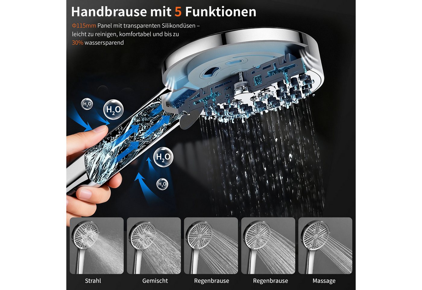HOMELODY Duschsystem Regendusche 30 cm mit Ablage Handbrause 5 Funktionen Chrom, Duschset Edelstahl Umsteller höhenverstellbar PVC Schlauch ohne Bohren Bild 3