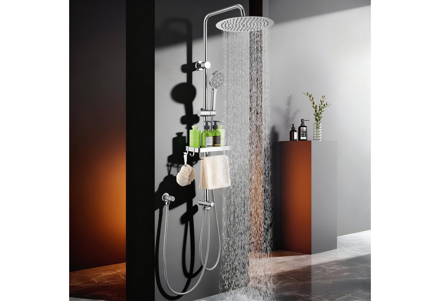 HOMELODY Duschsystem Regendusche 30 cm mit Ablage Handbrause 5 Funktionen Chrom, Duschset Edelstahl Umsteller höhenverstellbar PVC Schlauch ohne Bohren Bild 4
