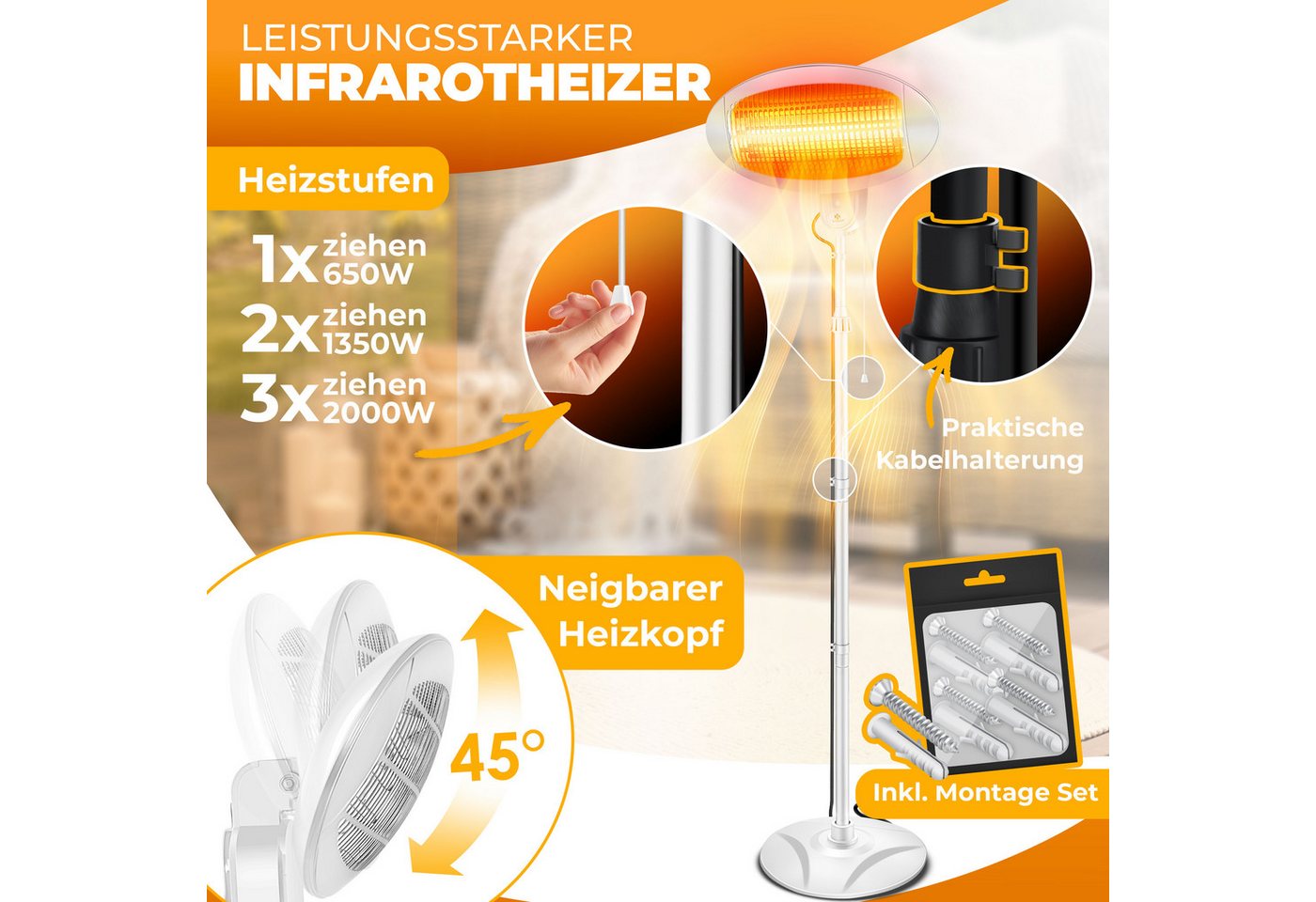 KESSER Heizstrahler Infrarot Wickeltischstrahler Wärmelampe für Babys, Standgerät + Wand, 2000 W, Wärmestrahler höhenverstellbar mit Kippschutz, Infrarotheizung
