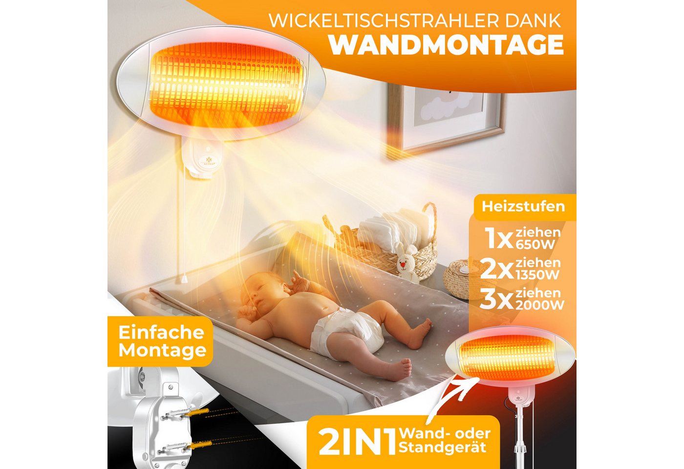 KESSER Heizstrahler Infrarot Wickeltischstrahler Wärmelampe für Babys, Standgerät + Wand, 2000 W, Wärmestrahler höhenverstellbar mit Kippschutz, Infrarotheizung Bild 2