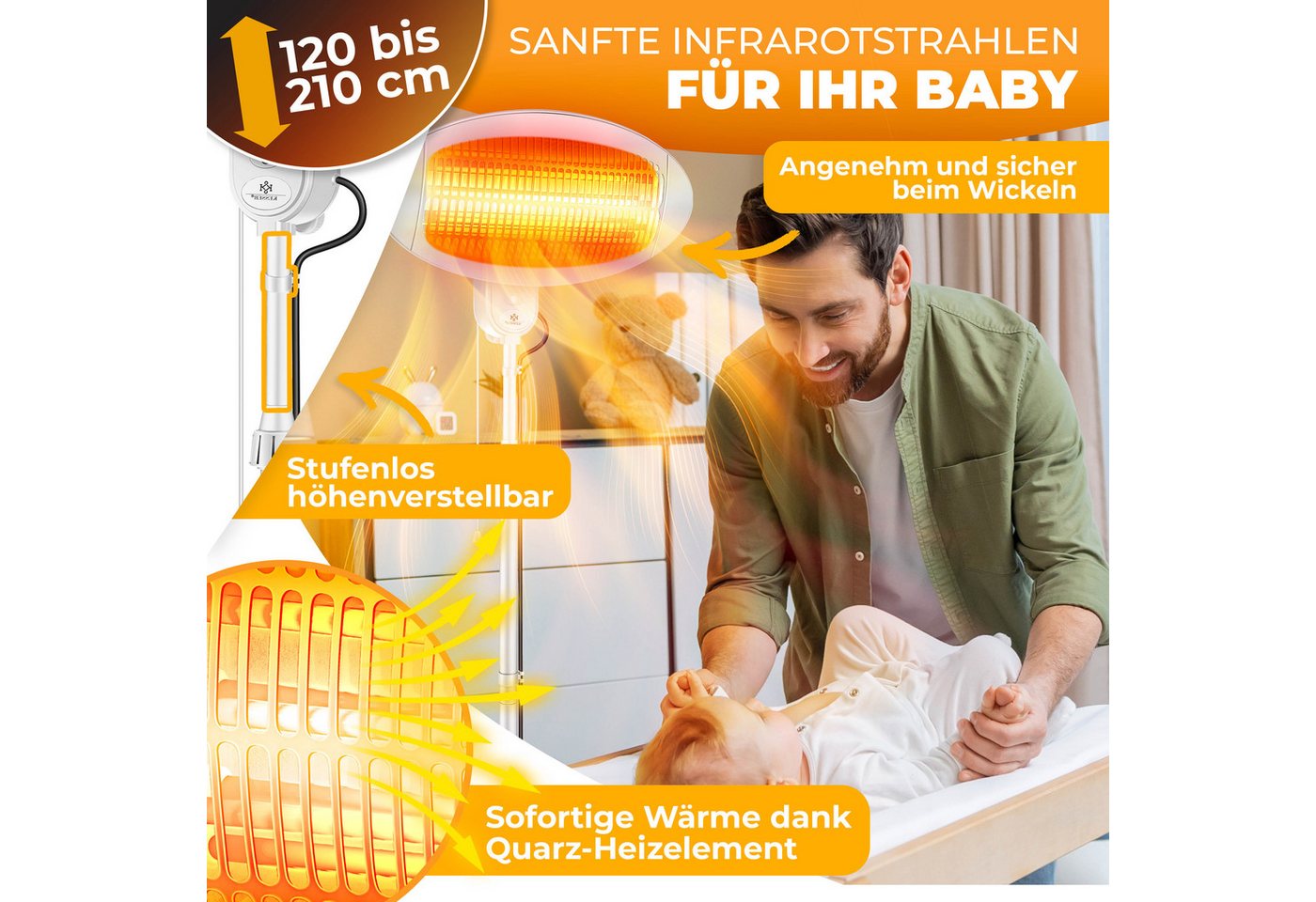 KESSER Heizstrahler Infrarot Wickeltischstrahler Wärmelampe für Babys, Standgerät + Wand, 2000 W, Wärmestrahler höhenverstellbar mit Kippschutz, Infrarotheizung Bild 4