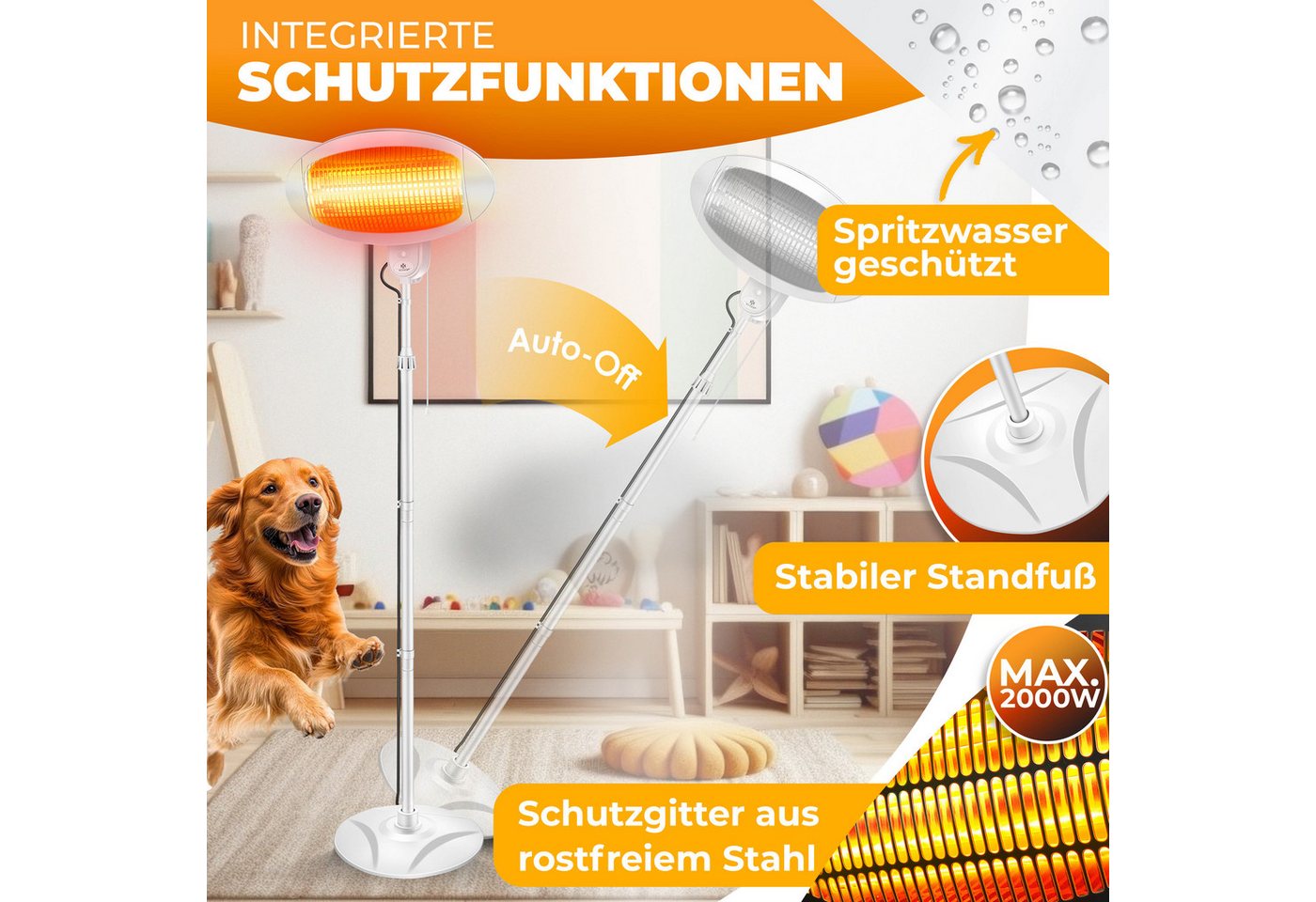 KESSER Heizstrahler Infrarot Wickeltischstrahler Wärmelampe für Babys, Standgerät + Wand, 2000 W, Wärmestrahler höhenverstellbar mit Kippschutz, Infrarotheizung Bild 5