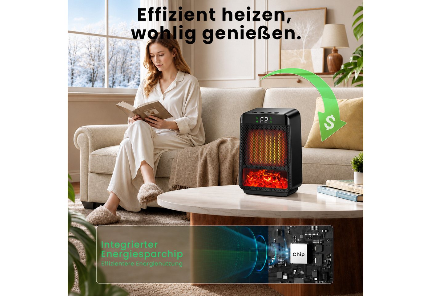 JoJoego Heizlüfter Elektrischer Heizlüfter mit 3D-Flammeneffekt, leise & energiesparend, mit 2 Heizstufen,LCD Anzeige,4 Timer,Überhitzungs- und Kippschutz