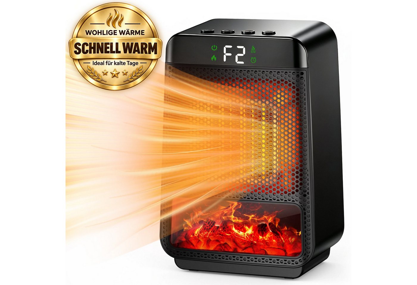 JoJoego Heizlüfter Elektrischer Heizlüfter mit 3D-Flammeneffekt, leise & energiesparend, mit 2 Heizstufen,LCD Anzeige,4 Timer,Überhitzungs- und Kippschutz Bild 2