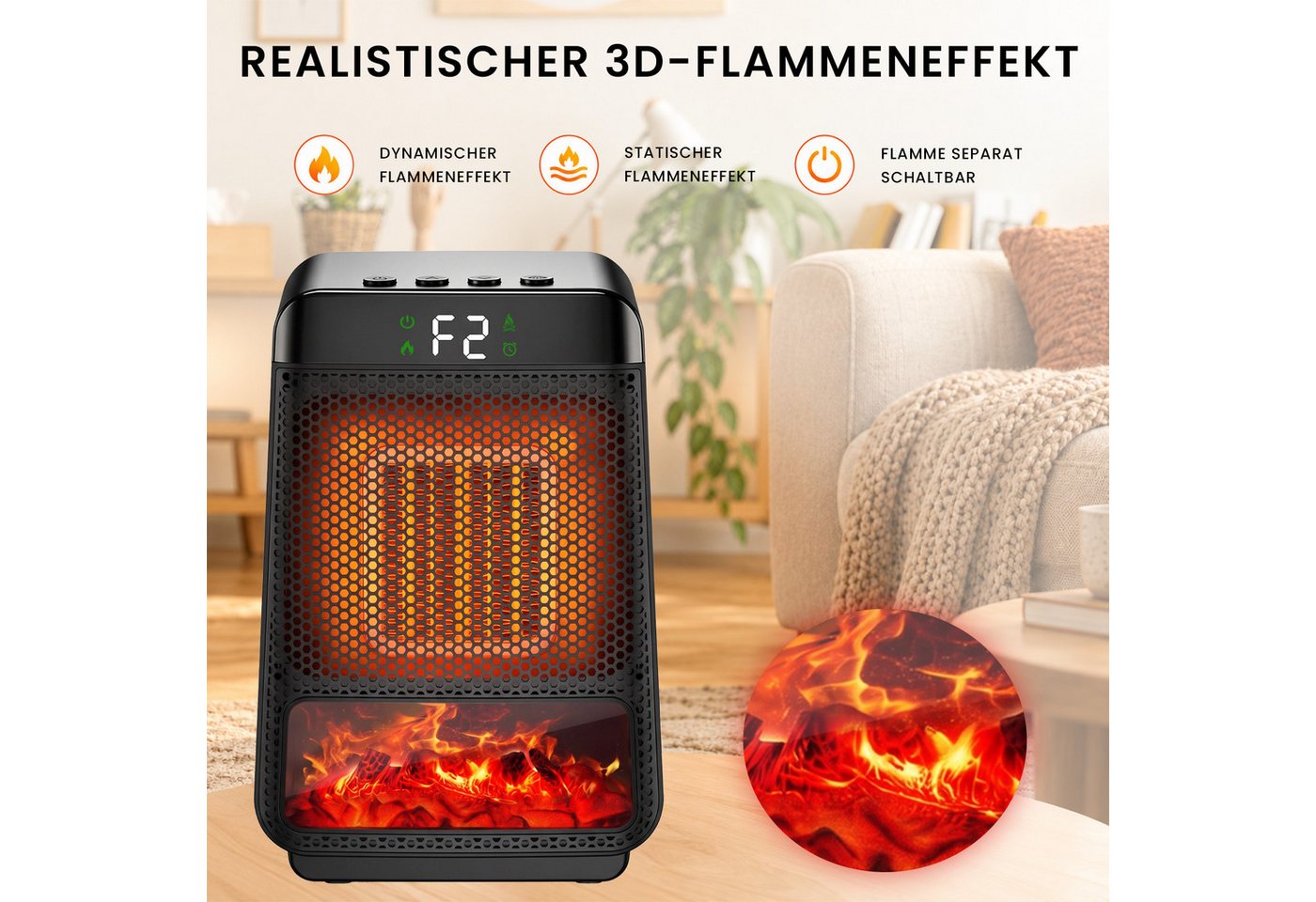 JoJoego Heizlüfter Elektrischer Heizlüfter mit 3D-Flammeneffekt, leise & energiesparend, mit 2 Heizstufen,LCD Anzeige,4 Timer,Überhitzungs- und Kippschutz Bild 3