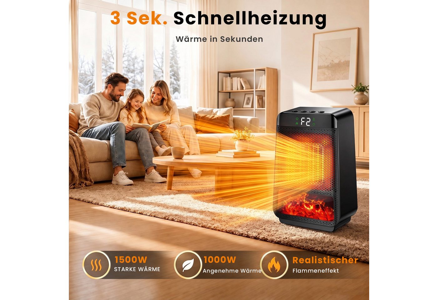 JoJoego Heizlüfter Elektrischer Heizlüfter mit 3D-Flammeneffekt, leise & energiesparend, mit 2 Heizstufen,LCD Anzeige,4 Timer,Überhitzungs- und Kippschutz Bild 4