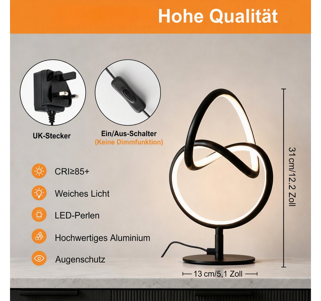 BlingBin LED Tischleuchte Moderne LED Tischlampe 19×19×31 cm,Warmweiß, Schwarz, Moderne, LED fest integriert, Tageslichtweiß, mit Ein/Aus-Schalter, EU-Stecker, für Wohn- & Schlafzimmer Bild 3
