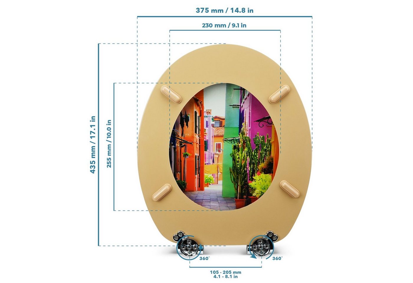 Sanfino WC-Sitz „Colorful Houses“ hochwertiger Toilettendeckel mit Absenkautomatik, aus Holz, viele bunte Motive, hoher Sitzkomfort, einfache Montage