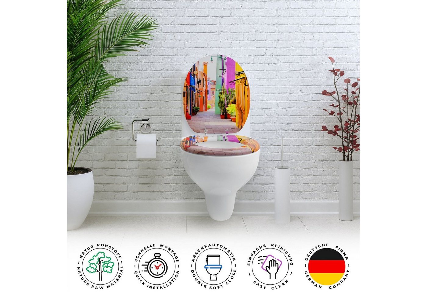 Sanfino WC-Sitz „Colorful Houses“ hochwertiger Toilettendeckel mit Absenkautomatik, aus Holz, viele bunte Motive, hoher Sitzkomfort, einfache Montage Bild 2